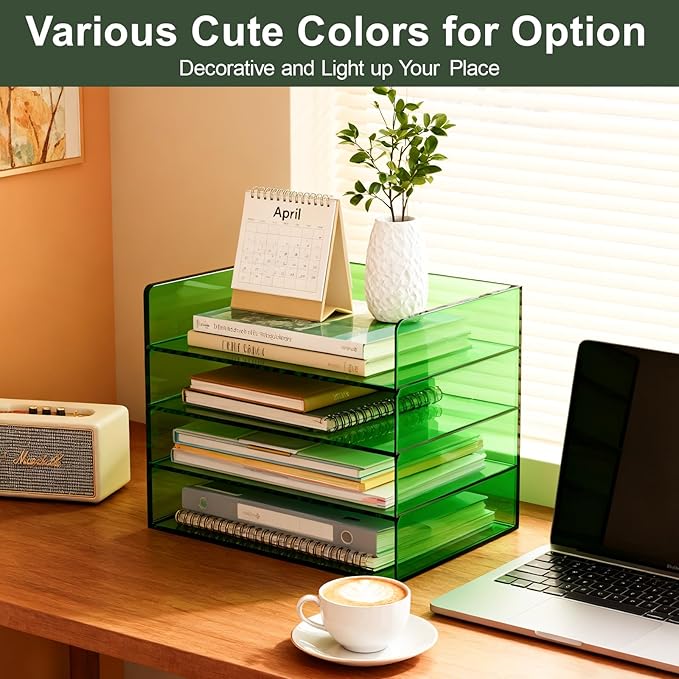 Acrylic File Organizer for Desk 4 Tiered Stackable Letter Tray Office Paper Storage Desktop Document Sorter, Emerald Green