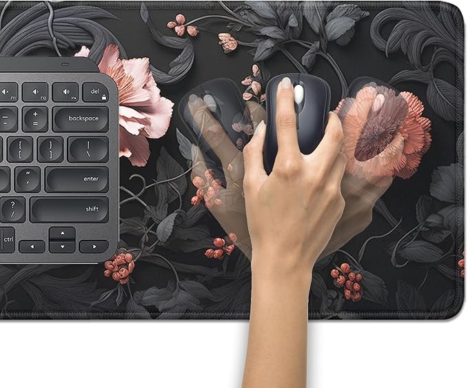 Black Art Flowers Mouse Pad,Large Vintage Floral Mousepad Desk Pad with Stitched Edges,Non-Slip Waterproof Rubber Base Mouse Mat for Office Computer Keyboard Laptop Home(27.5x11.8 in)