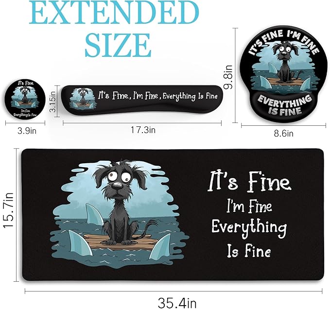 Funny Dog Mouse Pad Set Large Desk Mat With Wrist Rest for Gaming, Ergonomic Mousepad, Keyboard Mat, Cup Coaster Set, Office Accessories - It's Fine