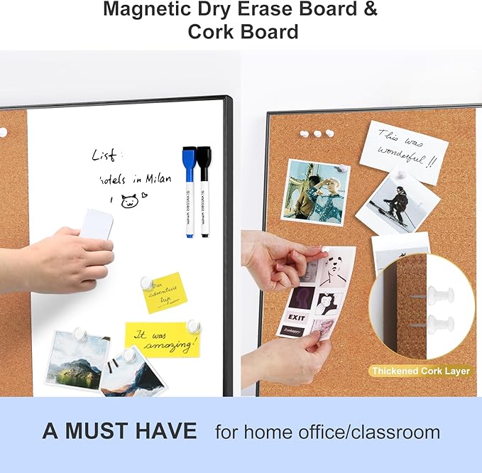 ARCOBIS Cork Board White Board Combo, 24 x 18 Inch Bulletin Board, Magnetic Dry Erase Board & Corkboard for Wall, Vision Board for Home, Office, School, Black Frame