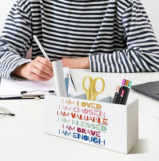 Colorful Inspirational Pen Holder for Desk Accessories,Christian Inspirational Wooden Box Sign Desk Decor for Classroom Office Decoration,Positive Bible pencil Organizer Women Gifts