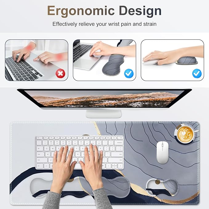 Gaming Mouse Pad Keyboard Wrist Support, 4 in1 Mousepad with Wrist Keyboard Rest, Computer Desk Mat, Non-Slip Desk Pad with Memory Foam Easy Typing Pain Relief I Grey Abstract Moon Mountain