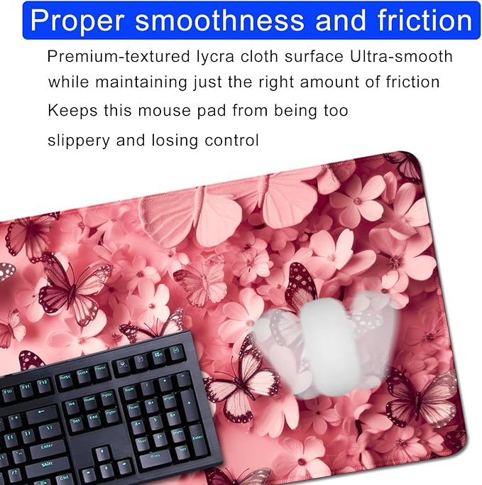 Pink Mouse Pad Desk Mat,Butterfly Large Mouse Pads Desk Pad,Long Mouse Pad Gaming Mousepad Mouse Mat with Stitched Edge - Non-Slip Rubber Base for Office Computer Keyboard Laptop