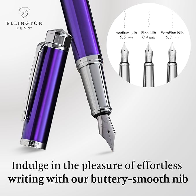 Ellington Pens Luxury Fountain Pen Set - Smooth Fine Nib - Includes 3 Ink Cartridges, Refillable Ink Converter, Gift Box - Fountain Pens For Writing, Calligraphy, Journaling, Sketching (Purple Haze)