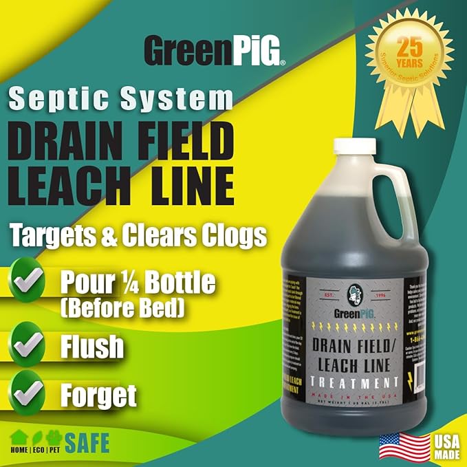 GREEN PIG Drain Field Cleaner, Septic Safe Drain Clog Remover, Septic Tank Treatment for Quickly Clearing Clogs and Odors, Gallon
