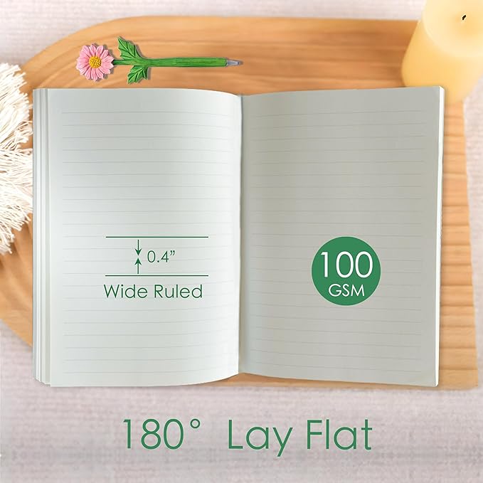Floral Notebook, Cute Journal, A5, 8x6, Wide Rule, Lined Notebook, Diary for Women, Blue Notebook, Hard Cover Journal Notebooks, Lay Flat, Pretty Notebook, Writing Journal, White Gardenia