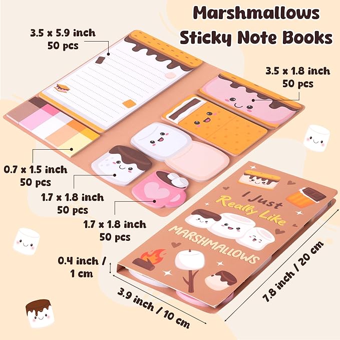 B1ykin Sticky Notes Set, Cartoon Theme Cute Self-Stick Notes Pad Christmas Thanksgiving Gifts， Self-Adhesive Writing Memo Pages Sticky to Do Notepad for Employee School Office (Marshmallows)