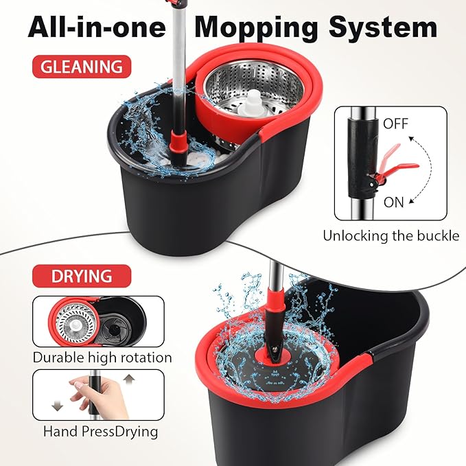 Spin Mop and Bucket, Mop and Bucket with Wringer Set for Home, 360 Spinning Mop Bucket Floor Cleaning Tool with 1 Microfiber Mop Replacement Head,50" Stainless Steel Handle (Black-Includes 1 mop)