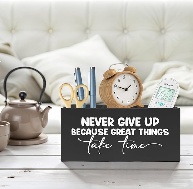 Inspirational Quotes Pencil Pen Holder for Desk, Never Give Up Because Great Things Take Time Wooden Pencil Holder Organizer for Home Office Desk Accessories, Gifts for Coworker