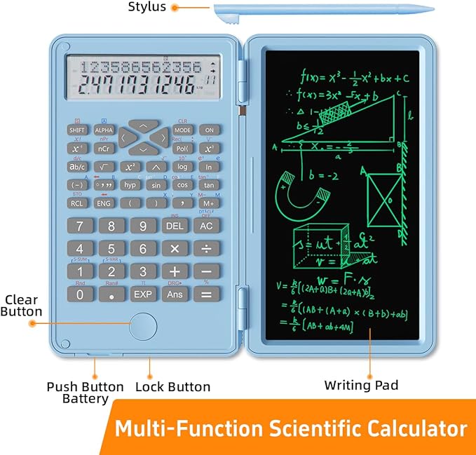 Scientific Calculator with Writing Pad, 240 Computing Functions, Foldable Case, HD Screen, Anti-Deletion Lock & One-Click Clear, Perfect for School, Finance & Engineering (Sky Blue)