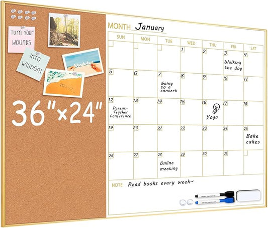 ARCOBIS Whiteboard Calendar with Cork Board, 36"x24" Magnetic White Board Calendar Dry Erase for Wall, Gold Frame Monthly Combination Board for Office, Home, School