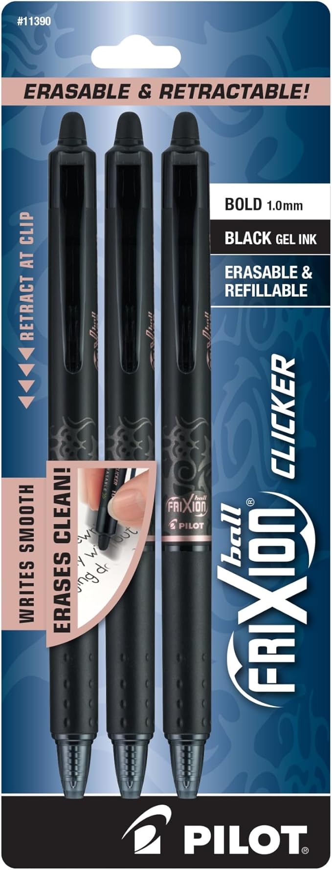Pilot® FriXion® Ball Clicker Erasable Retractable Gel Pens, Pack of 3, Bold Point, 1.0 mm, Black Barrels, Black Ink