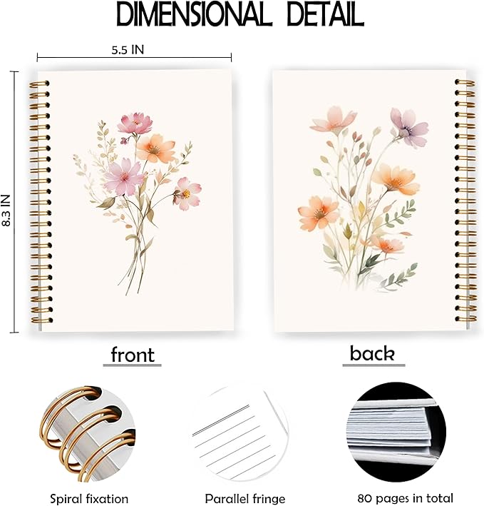 JWVK Rustic Wild Flower Spiral Notebook, Vintage Floral Botanical Notebooks for Note Taking, Cottagecore Flower Aesthetic Journal for Women, Girly Office Supplies, 5.5x8.3 Inch