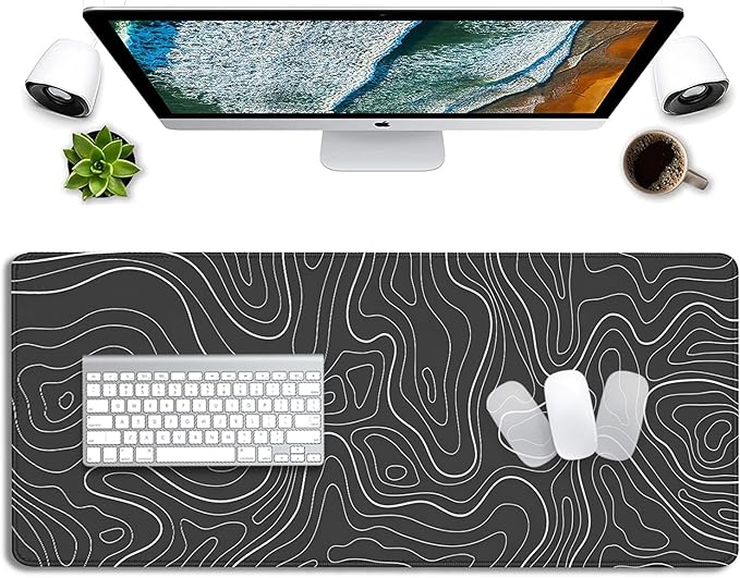 Black Topographic Mouse Pad,Gaming Desk Pad with Stitched Edges Non-Slip Rubber Base Extended XL Mousepad Big Desk Mat for Office Home Work(27.5X11.8 Inch)
