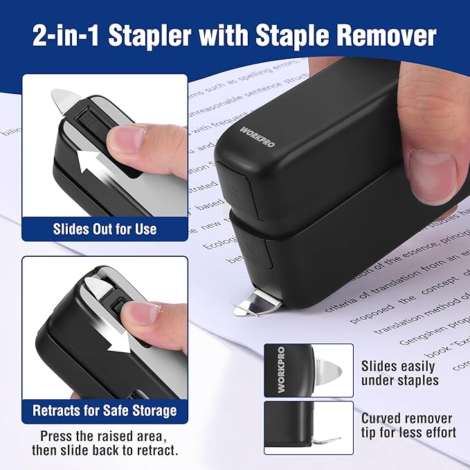 WORKPRO 2-in-1 Stapler with Staples & Staple Remover, 40 Sheet Capacity, Flat Clinch Design, Storage Space, Includes 2000 Standard Staples - Non-Slip Office Stapler for Desk, Classroom, Black