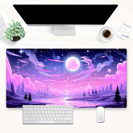 Purple Moon Lake Mouse Pad Pink Desk Mat XXL Large Gaming Mousepad Cute Kawaii Anime Aesthetics Computer Mat Keyboard and Mouse Pad Office Desk Decor 31.5 x 15.7 in