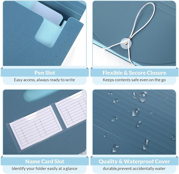 SKYDUE Accordion File Organizer, 13 Pocket File Folder Organizer with Monthly & Blank Labels, Mist Blue Document Organizer with Solid Inner Pages, Letter A4 Size for Office School