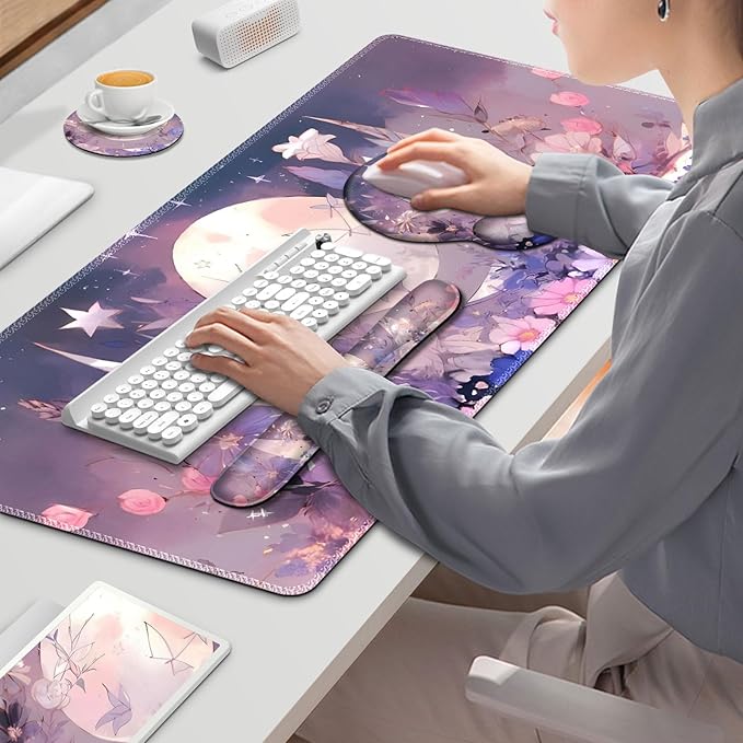Large Desk Mat, Gaming Mouse Pad, Desk Pad Protector, XXL Mousepad + Keyboard Wrist Rest+Mouse Wrist Rest+Coaster Set with Ergonomic Desk Pad for Home Office PC Computer, Pastel Purple Flower Moon