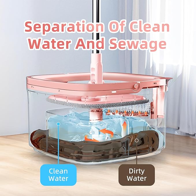 Upgraded Spin Mop and Bucket System Set, Self Separate Clean and Dirty Water, Foldable Square Standing Mop Head with Microfiber Mop Pads, Detachable Bucket