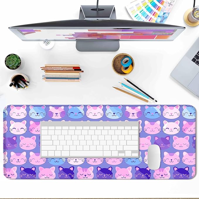 Purple Cute Cat Gaming Desk Mat, Extended Large Minimalist Kawaii Animal Aesthetic Mouse Pad, Computer Keyboard Laptop Mousepad for Work, Office and Home, XL