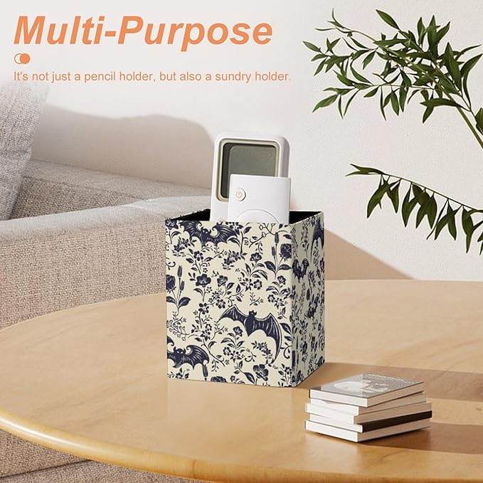 Square Pen Holder & Pencil Organizer for Desk - Office Storage Organizer, Markers/Makeup Brushes/Scissors Holder, Compact Desk Decor Accessories for Home Classroom School(Goth Bats)