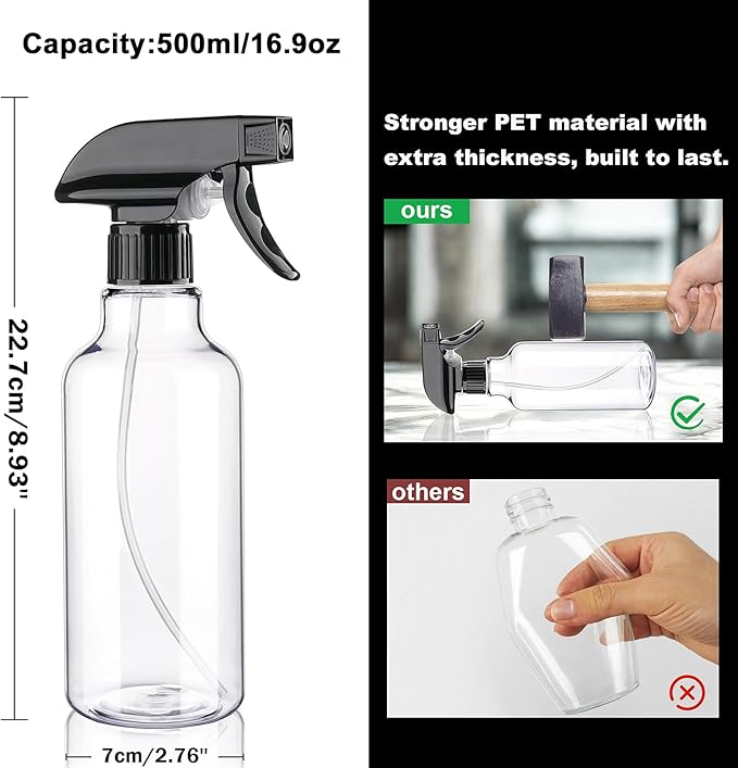 Spray Bottles 16.9oz Plastic Empty Spray Bottle for Hair Mist/Stream Spraying Heavy Duty Water Spray Bottles for Cleaning Solutions, Plants, Essential Oils 2 Pack (16.9oz)