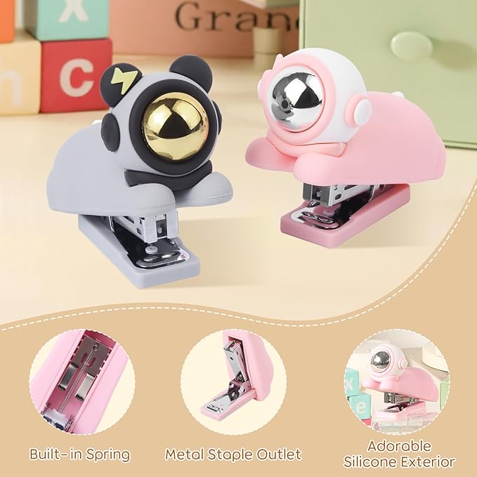 Honagu Cute Stapler, Cartoon Stereoscopic Silicone Stapler, Labor-Saving Office Supplies, Desktop Stationery Gift for Students Kids (Pink)