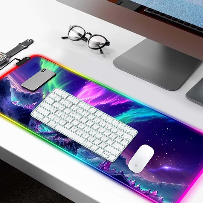 RGB Fantasy Aurora Scenery and Dragon Gaming Desk Mat, Computer Keyboard Large Extended Long LED Mouse Pad for Office and Home, XL (W06)