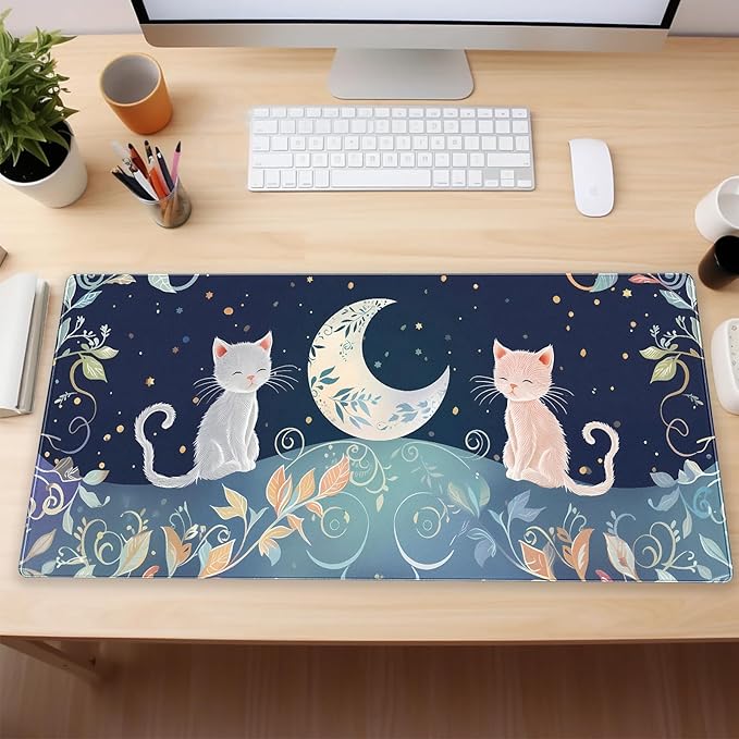 XL Desk Mat Large Gaming Mousepad with Cute Cat & Moon Design, Boho Plants & Nature Pattern, Non-Slip, Stitched Edges, for Keyboard and Mouse, 31.5 x 15.7 in