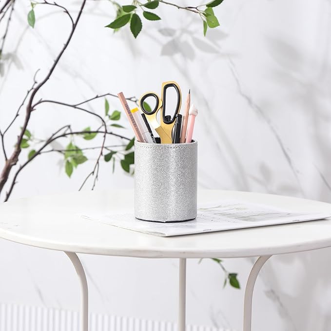Pencil Holder for Desk, PU Leather Pen Holders for Cosmetics Office Supplies,Brush Holder Makeup Organizer Silver PH108