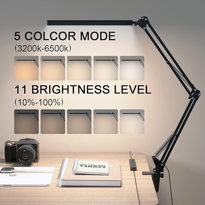LED Desk Lamp for Home Office, Clamp-On with 5 Light Modes & Auto Shut Off | 14W Adjustable Brightness 5000K Eye-Caring Lighting for Study/Bedroom/Computer Desk