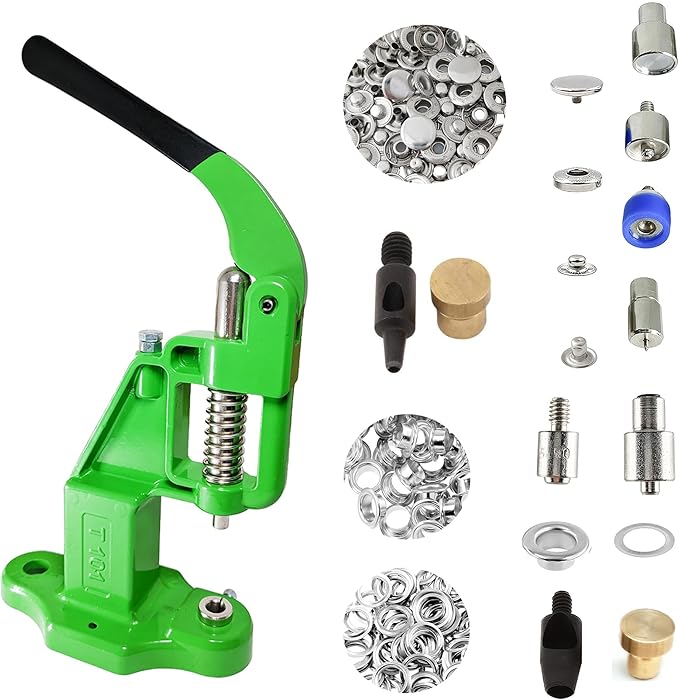 Hobby Trendy Hand Press with Rust Free Steel 50 Sets Ln24 15mm Fashion Spring Glove Snaps and 50 Sets Brass 8 mm (Nr5) Eyelets, Matching Dies and Hole Punches (Silver Supplies, Green Press)
