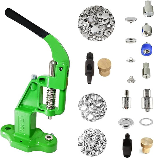 Hobby Trendy Hand Press with Rust Free Steel 50 Sets Ln24 15mm Fashion Spring Glove Snaps and 50 Sets Brass 8 mm (Nr5) Eyelets, Matching Dies and Hole Punches (Silver Supplies, Green Press)