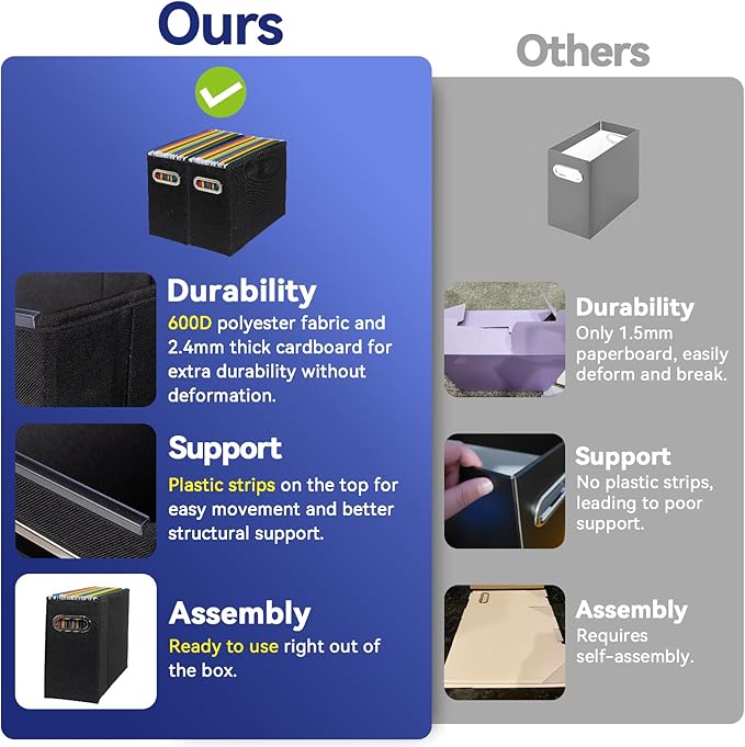 8 Packs Letter Size File Organizer, File Folders Organizer, Fabric Storage Box, Collapsible Paper Organizer with Metal Handle, Smooth PVC Rails, Only Box (Black)