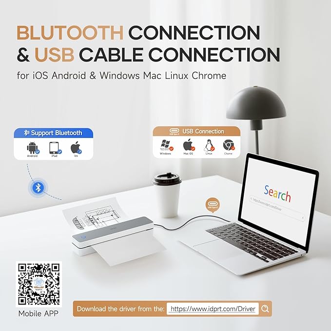 iDPRT Portable-Printer Wireless for Travel, 300DPI Inkless Thermal Small Printers for Home Use, Office, Vehicles, Mobile Bluetooth Printer Supports 8.5" x 11" US Letter, for Smartphone & PC,White