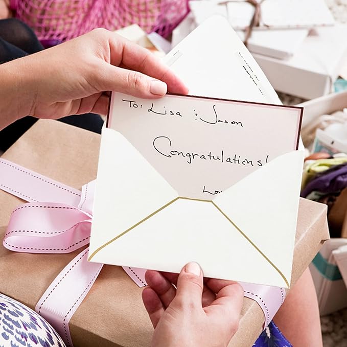 A7 White Envelopes 5 x 7 With Gold Border,- 50 Pack,For 5x7 Cards| Quick Self Seal| Perfect for Weddings, Invitations, Photos, Graduation, Baby Shower| 250GSM Luxury paper|5.25 x 7.25 Inches (White))