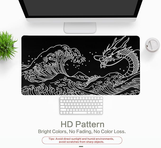 Dragon Mouse Pad Desk Mat Japanese Sea Wave Large Gaming Mouse Pad Anime Desk Pad Mousepad XXL Extended Keyboard Mat Black Mouse Mat, Waterproof, 31.5x15.7 in