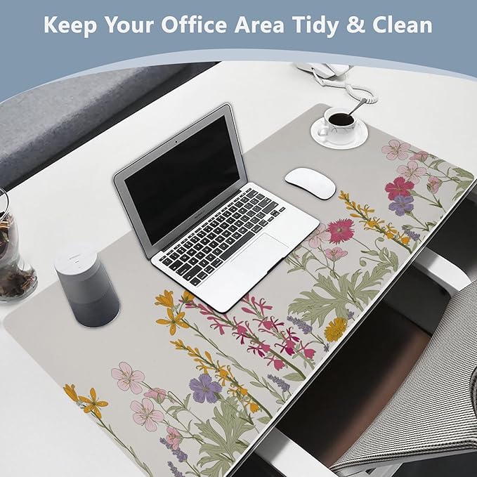 Mouse Pad Desk Mat Leather Desk Pad Large Gaming Desk Cover Protector Mat for Keyboard Computer Laptop Office Waterproof 35.4 x 16.5 Inch Simple Flowers Beige
