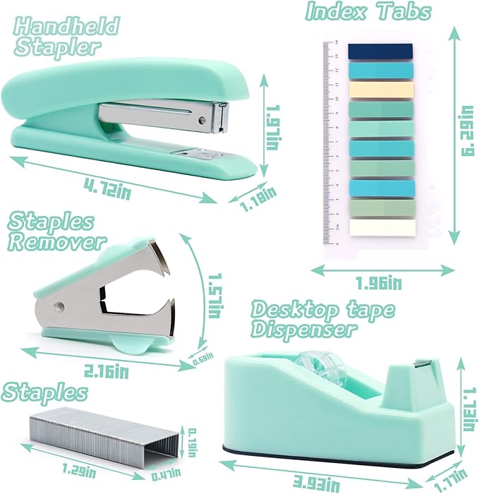 Green Office Supplies,UPIHO Teal Desk Accessories,Stapler and Tape Dispenser Set for Women with Stapler,Tape Dispenser,Staple Remover, Staples, Clips, Scissor and Tabs for Students, Office Clerks