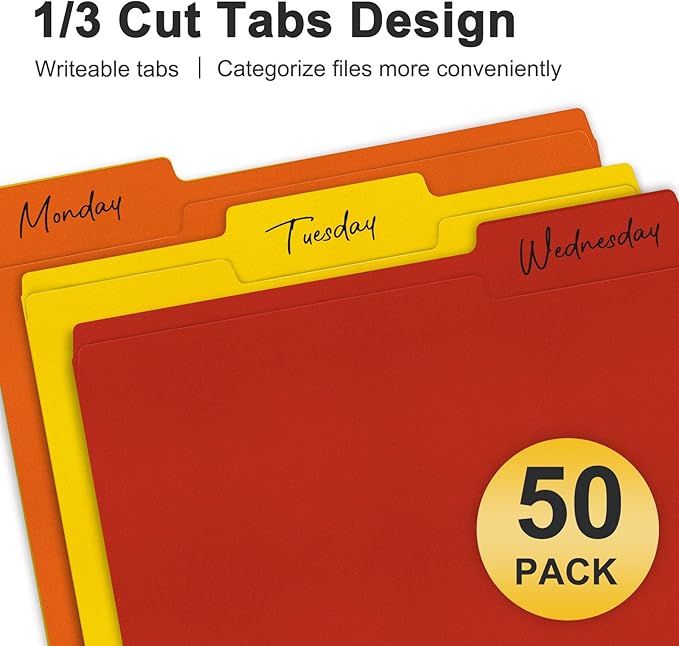 ViVin File Folder, 50 Pack Colored File Folders with 1/3-Cut Tabs, Fits 8.5 * 11 Letter Size Paper, Manilla Folders for Home Office School Documents(Assorted)