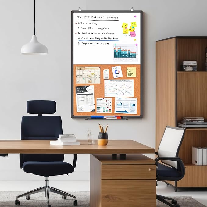 Magnetic White Board and Cork Board Combo, 36 X 24 inches Whiteboard Bulletin Combination Board, Wall Mounted Dry Erase Message Board for Home, School and Office, Black