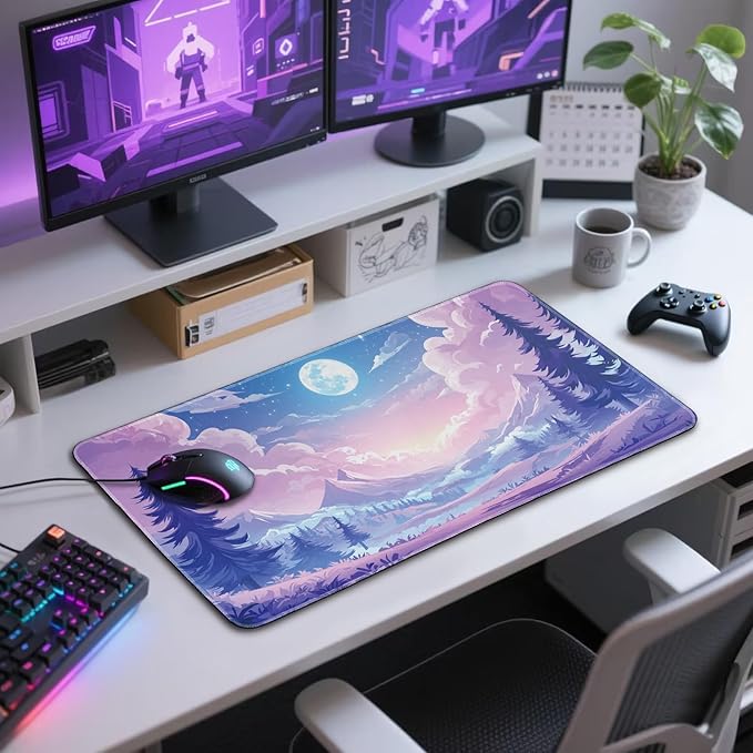 Mountain Moonlight Large Gaming Mouse Pad 31.5"x15.7"｜XXL Desk Mat, Non-Slip Rubber Base & Stitched Edges - Extended Waterproof Mousepad for PC/Laptop/Office/Home Decor