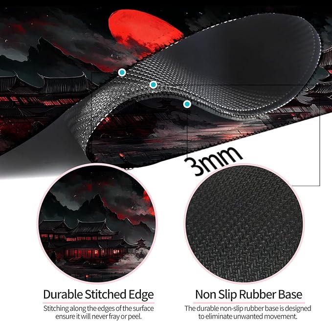Japanese Dreamy Lakescape Full Moon Gaming Desk Mat, Computer Keyboard Large Extended Long Mouse Pad for Office and Home, XL (W07)