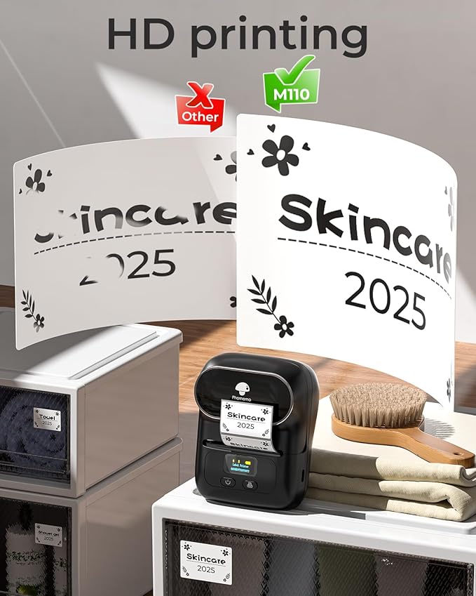 Phomemo M110 Label Maker - M110 Barcode Label Printer Portable Bluetooth Maker Machine with Tape for Name Labels, Small Business, Address, Logo, Clothing Price Tag, Mailing, with 40x30mm Label, Black