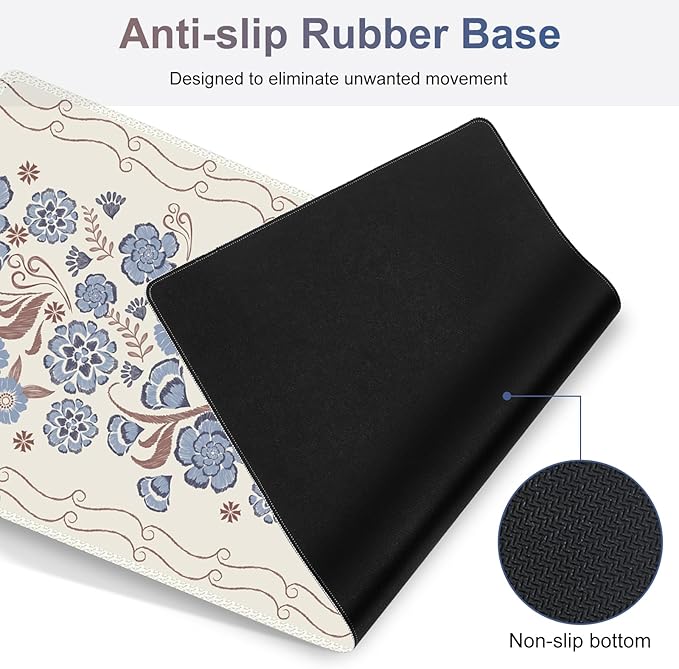 Desk Mat Gaming Mouse Pad, Cute Desk Matt Keyboard Wrist Rest for Desktop, Anti-Slip Big Mousepad Stitched Edges, XXL Large Mouse Pad with Wrist Support for Home Office I Vintage Blue Flower