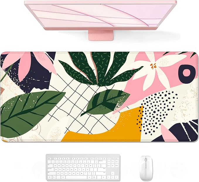 Auhoahsil Desk Mouse Pad, Large Gaming Mousepad, XXL Desk Pad, Extended Long Superior Micro-Weave Cloth Non-slip Rubber Big Computer Mouse Mat for Gamer, Office & Home, 35" x 15", Pink Tropical Flower
