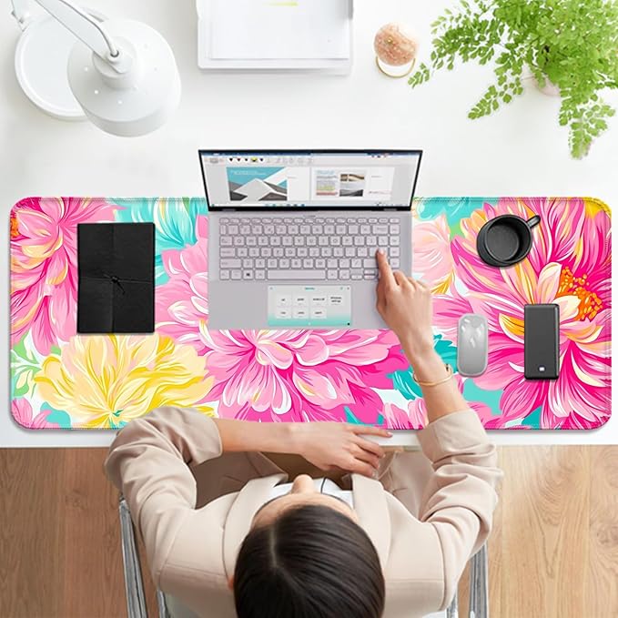 Pink Flower Gaming Desk Mat, Computer Keyboard Large Extended Long Floral Mouse Pad for Office and Home, XL (W29)