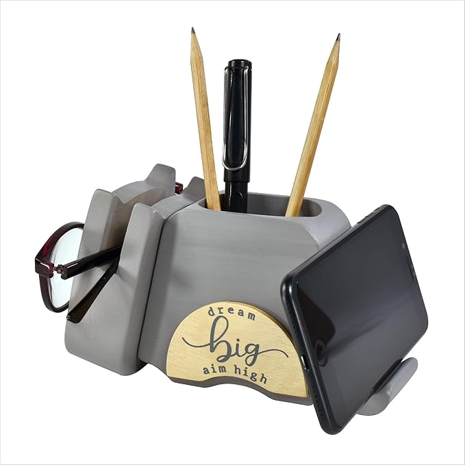 I'm Wood Multipurpose Eyeglass Phone Pen & Pencil Holder Stand Stationery Desk Organizer Accessories, For Home Office Desktop Decor Birthday Graduation Gifts “Dream Big Aim High” (Cat)