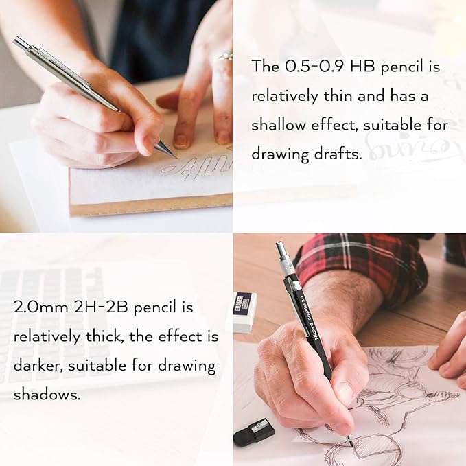 Nicpro 6PCS Art Mechanical Pencil Set, 3PCS Metal Drafting Pencil 0.5 mm & 0.7 mm & 0.9 mm & 3PCS 2mm Graphite Lead Holder (2B HB 2H) For Writing, Sketching Drawing With Lead Refills Case