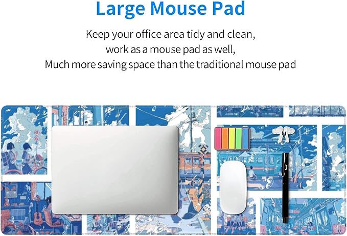 Anime Style Youth Campus Large Mouse Pad, Blue Fantasy Gaming Desk Mat, XL Keyboard Desk Pad Mat for Desktop, 31.5"x11.8" Non-Slip Base Big Mousepad with Stitched Edges